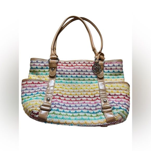 None Handbags - Woven Multicolor Straw Tote Bag Tan Faux Leather Handles Shoulder Purse